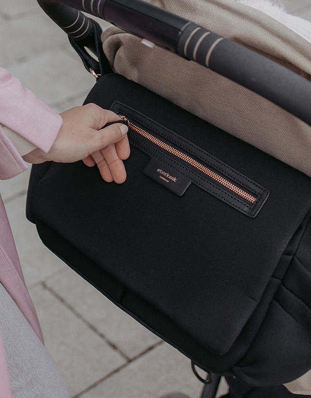 Storksak - Stroller Organiser Luxe Black & Rose Gold