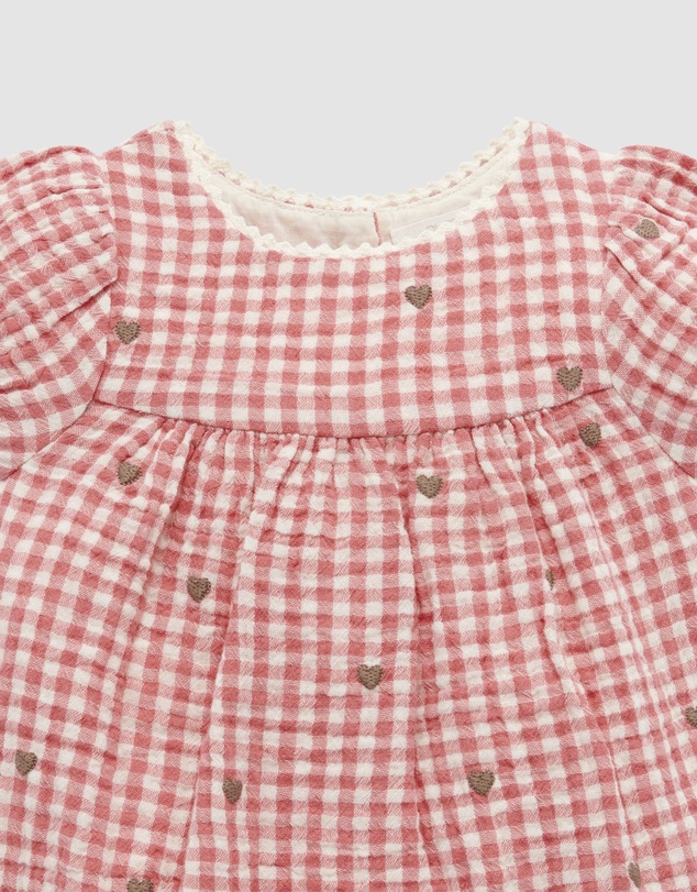 Purebaby - Heart Gingham Embroidered Romper -Kids-Babies