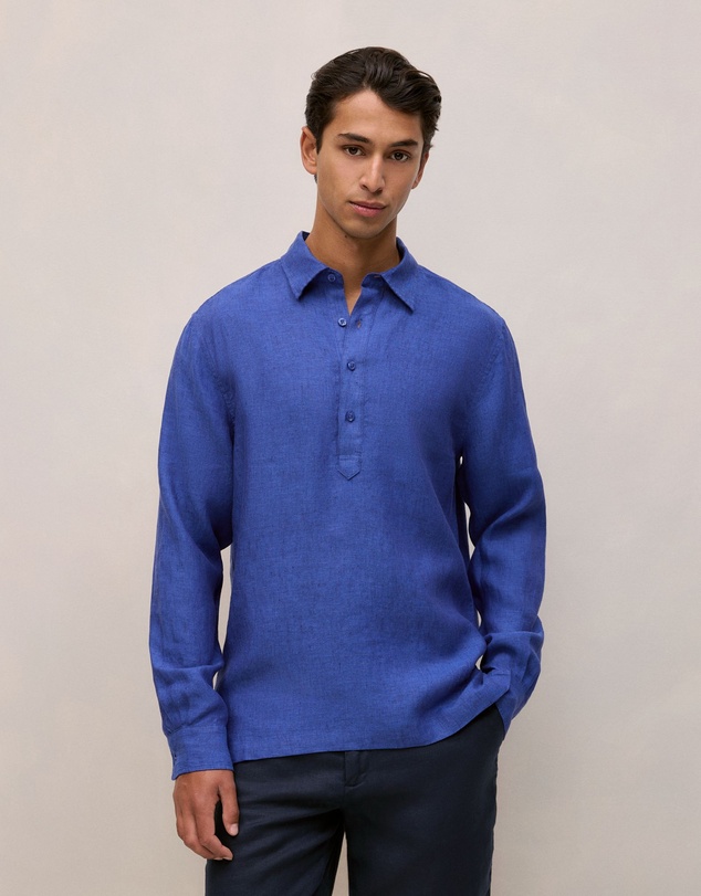 Trenery - Linen End On End Half Placket Shirt in Vivid Blue