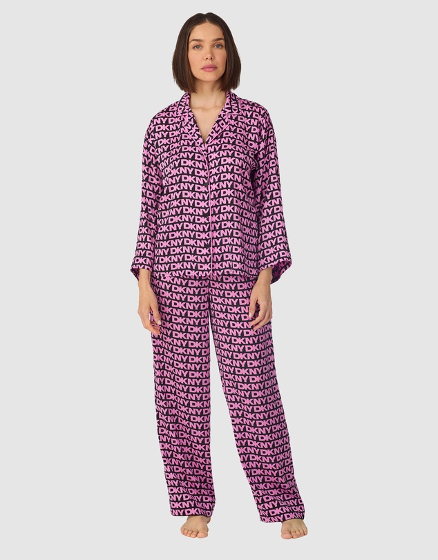 DKNY - Printed Satin Button Up Long Sleeve Long Pyjama Set