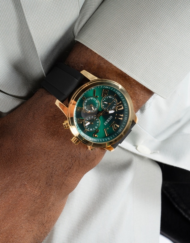 GUESS - Parker Gold 44mm Green Dial Black Silicone Strap