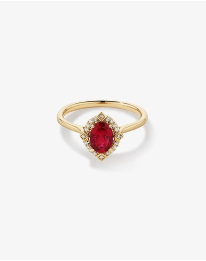 Michael Hill - Oval Cut Created Ruby and Diamond Halo Ring in 10kt Yellow Gold