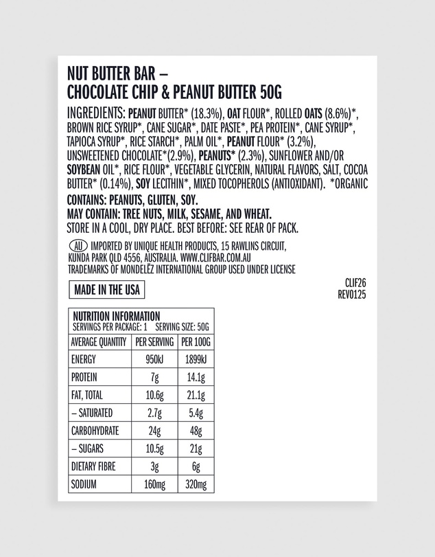CLIF - Chocolate Chip & Peanut Butter Nut Butter Bar - 5x50g