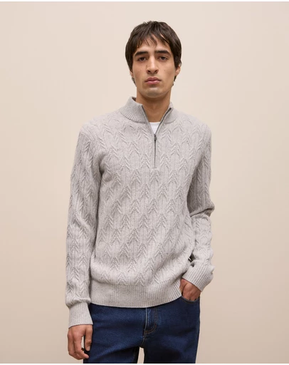 Trenery - Merino Nep Cable Half Zip in Grey Melange