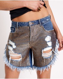ONE TEASPOON - Gold Mine Frankies Long Length Denim Shorts