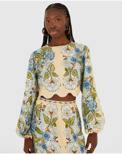 Farm Rio - Garden Scarf Blue Long Sleeve Blouse