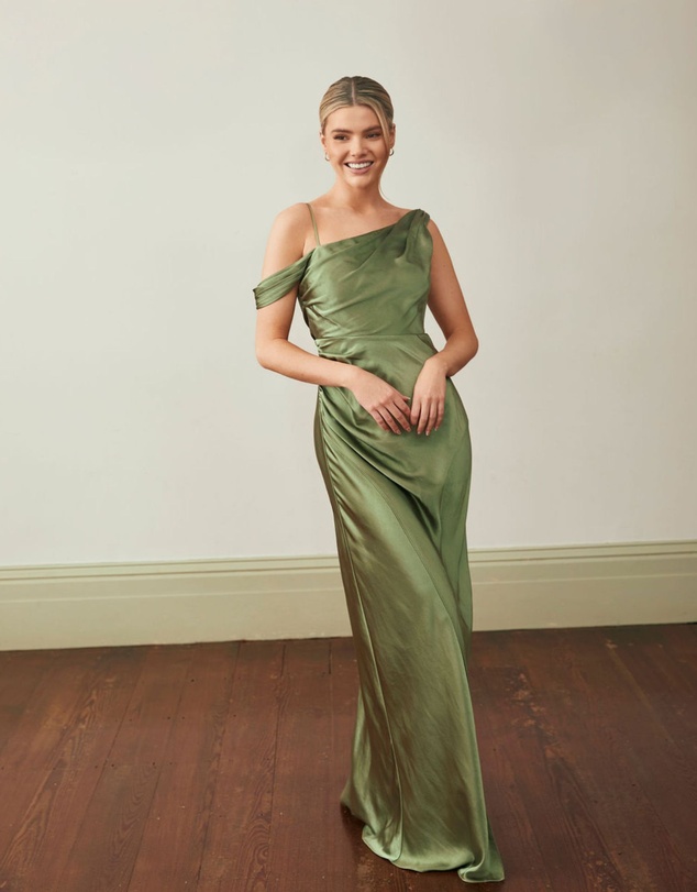 Six Stories - Asymmetrical Bardot Strap Satin Bridesmaid Dress