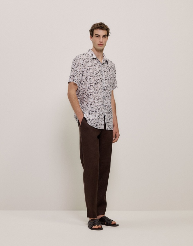Trenery - Rift Regular Fit Linen Short Sleeve Shirt in Stone