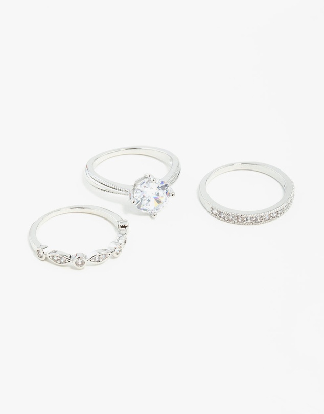Lovisa - Silver Round Stone Cubic Zirconia Triple Ring Stack