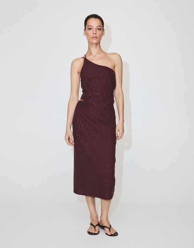 M.N.G - Linen Skirt with Floral Embroidery