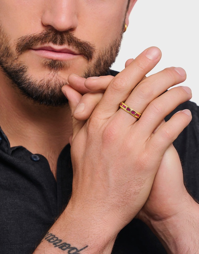 THOMAS SABO - Gold Plated Band Ring in Crocodile Design with Red Stones