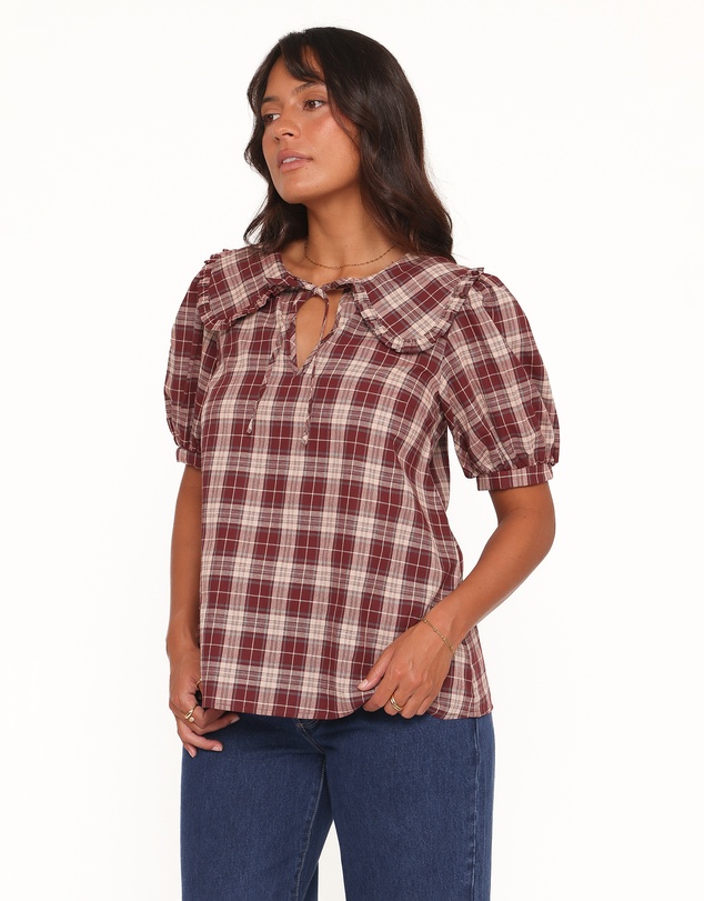 Petal & Pup - Evandri Frill Collar Top - Burgundy Plaid