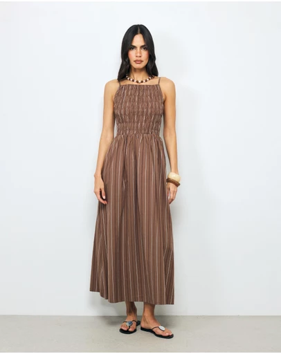 AERE - Marlowe Stripe Shirred Midi Dress