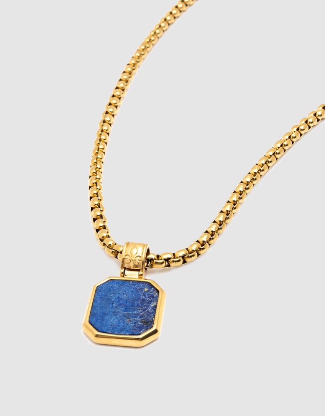 Nialaya Jewellery - Men's Gold Necklace with Square Blue Lapis Pendant