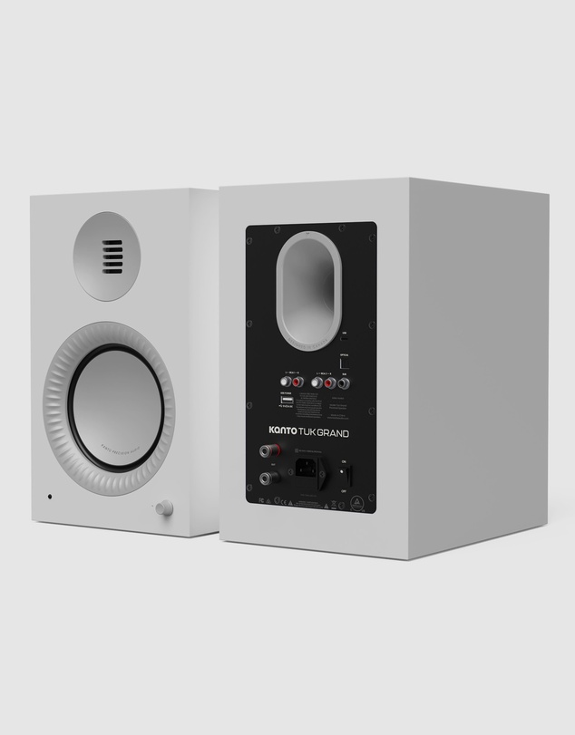 iWorld - Kanto TUK (2nd Gen) Grand 320 W Premium Powered Speaker System with Bluetooth 5.4, Dual RCA and USB-C Inputs, Matte White w/ Aluminum