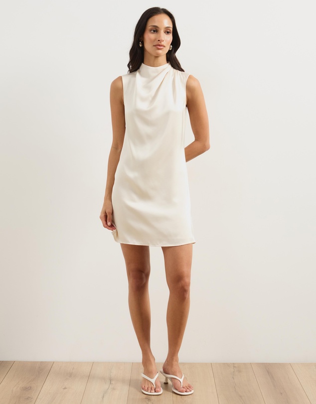 Atmos&Here - Della Satin Drape High Neck Mini Dress