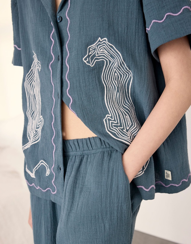 Chelsea Peers - Leopard Embroidery Short Sleeve Revere and Wide Leg Pyjama Set