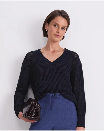 Sportscraft - Cotton Crochet V Neck Knit