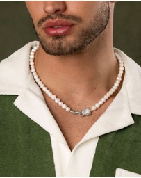 Nialaya Jewellery - White Pearl Necklace with Silver Panther Head Lock