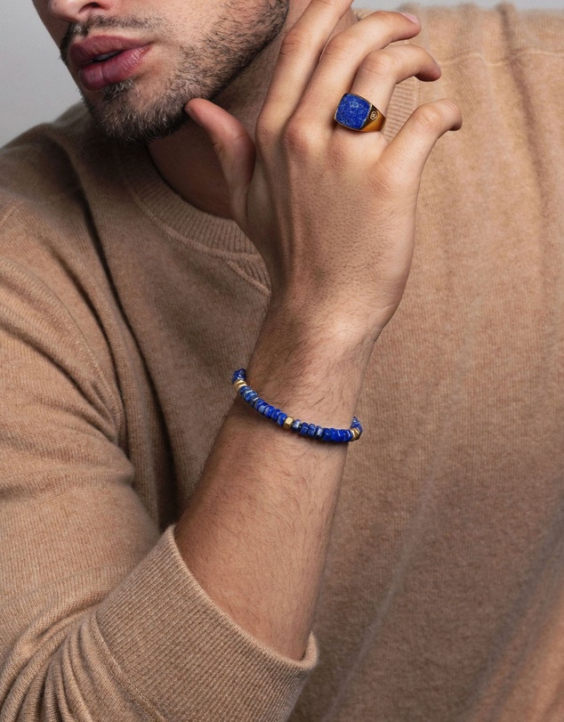 Nialaya Jewellery - Men's Hexagon Beaded Bracelet with Blue Lapis and Gold