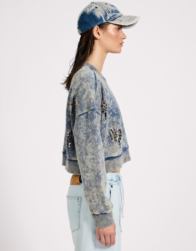 ONE TEASPOON - Fleece Cropped Star Studded Sweater - Acid Wash Blue