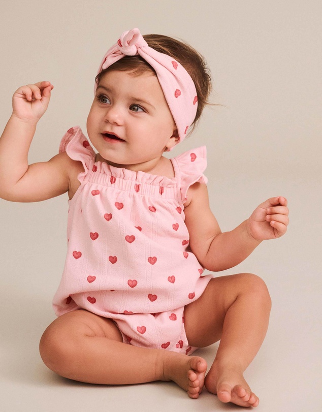 Huxbaby - I Heart You Pointelle Bubble Romper And Headband - Babies