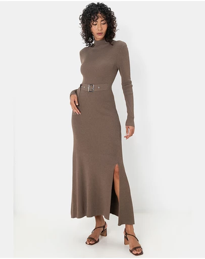 Karl Lagerfeld - Long-Sleeved Buckle Belt Knit Dress