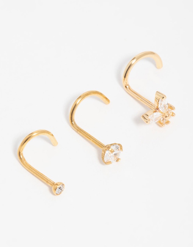 Lovisa - Gold Plated Surgical Steel Cubic Zirconia Butterfly Nose Piercings 3-Pack