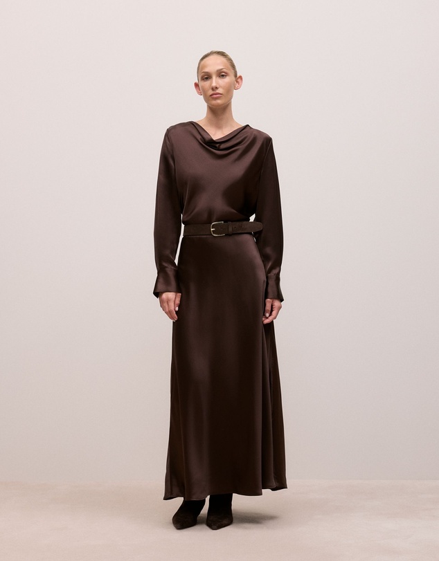 Trenery - Satin Cowl Neck Top in Coffee Bean