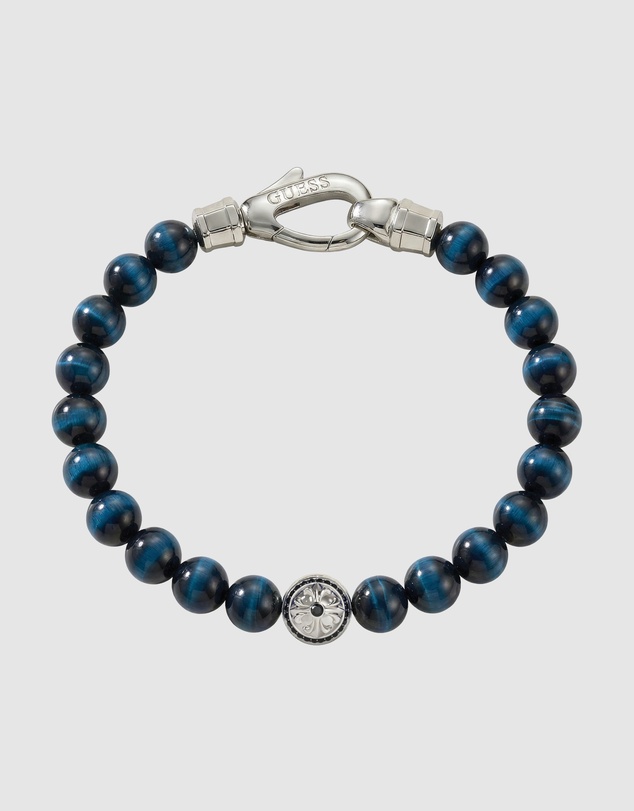 GUESS - GUESS Mens 6mm Round Blue Tiger Eye Stone Beads Bracelet