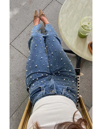 Beginning Boutique - Denim Dazzle Pearl Mid Wash High Waisted Jeans