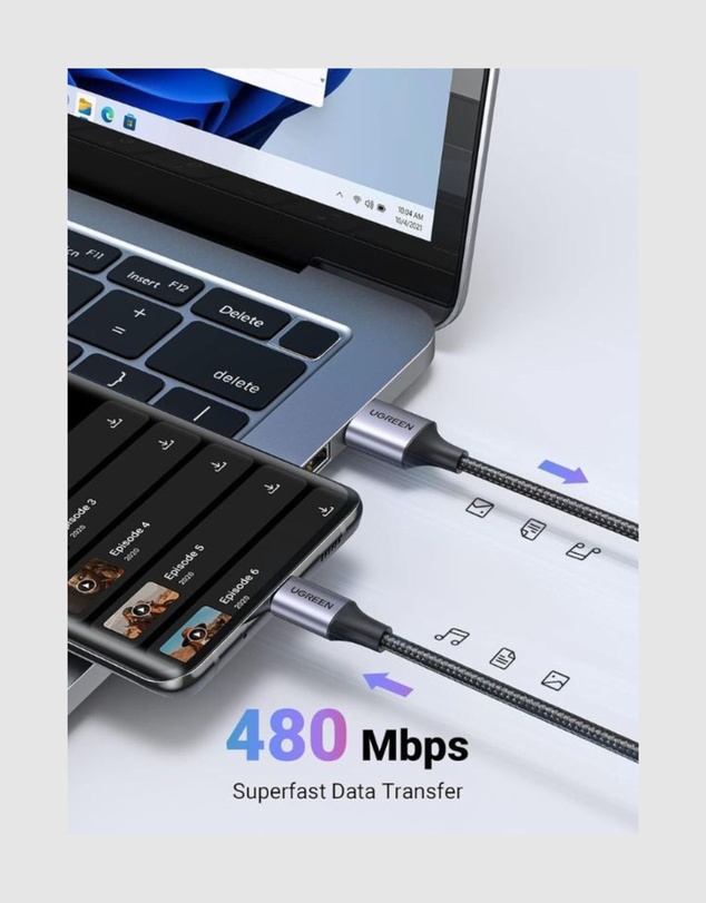 Ugreen - UGreen 3m USB-C to USB 2.0 Male Cable Space Gray – Fast Charging QC 3.0 Data Transfer