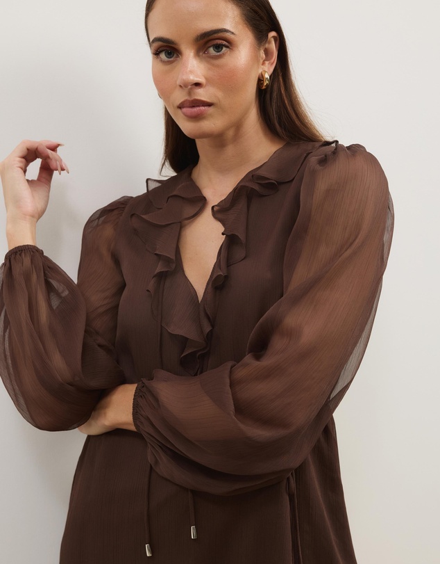 Atmos&Here - Stella Lightweight Crinkle Georgette V Neck Long Sleeve Mini Dress With Frill Detail