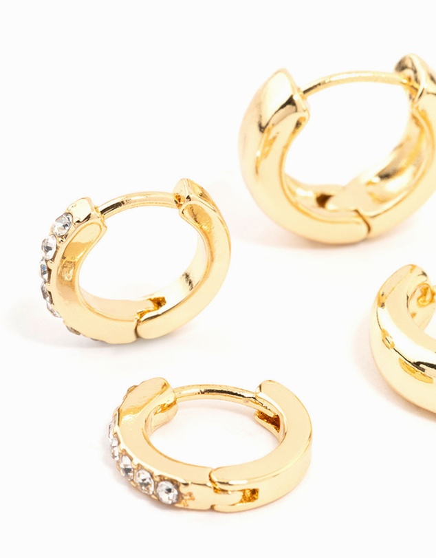 Lovisa - Gold Plated Diamante & Plain Huggie Earrings 2-Pack