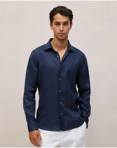 Trenery - Tailored Fit Linen Long Sleeve Shirt in Navy