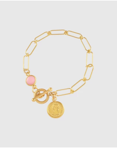 Von Treskow - Open Clip Chain Bracelet with Mini Coin & Pink Opal