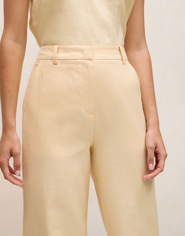 Trenery - Linen Cotton Herringbone Tailored Wide Leg Pant in Butter