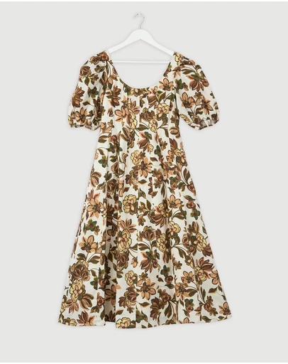 Revibe - Repaired AERE Paloma Linen Puff Sleeve Midi Dress - AU 10