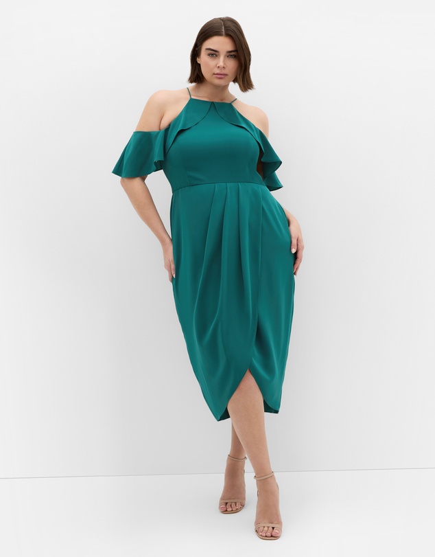 City Chic - Plus size Love Siren Ruffle Shoulder Dress - forest green