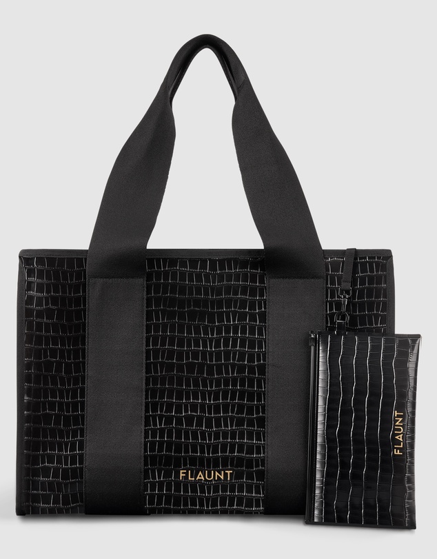 Flaunt - Flaunt Black Crocodile Faux Everyday Tote w/ Pouch