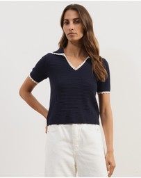 Atmos&Here - Issa Short Sleeve V-Neck Knit Polo with Contrast Trim