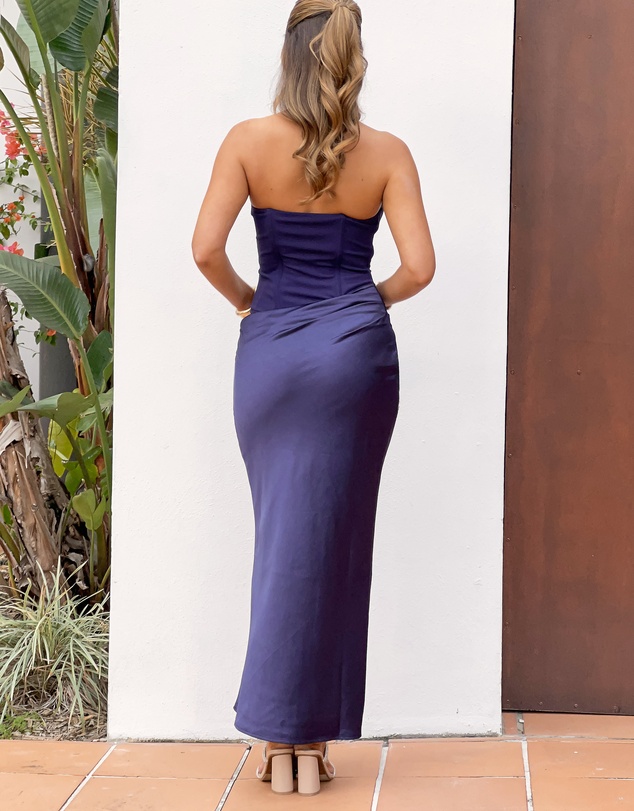 Beginning Boutique - Payge Navy Satin Skirt Maxi Dress