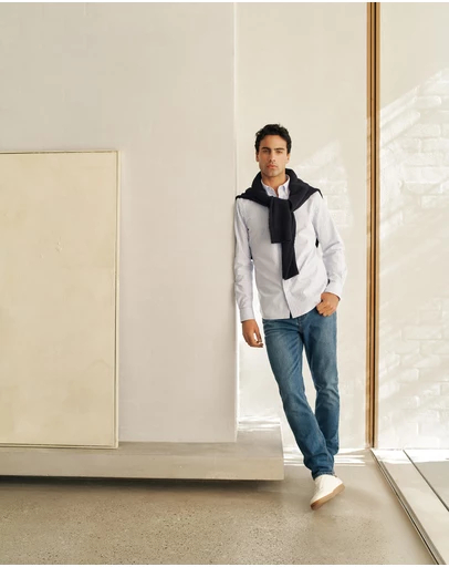 Trenery - Regular Fit Wide Stripe Oxford Shirt in Blue Marble