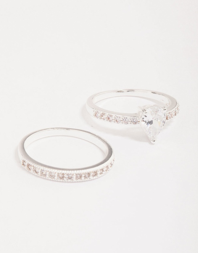 Lovisa - Silver Plated Cubic Zirconia Teardrop Stone Ring Pack