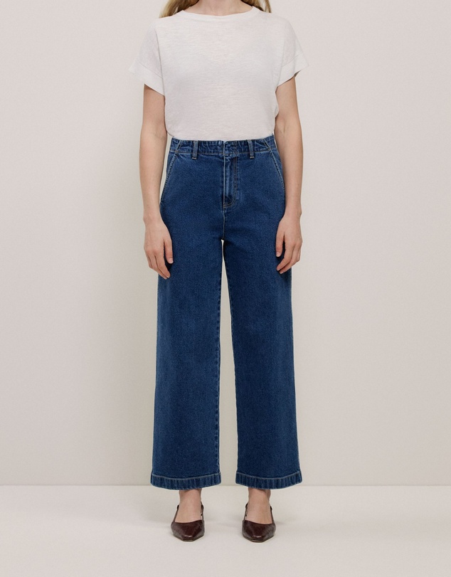 Trenery - Denim High Rise Tailored Pant in Mid Blue