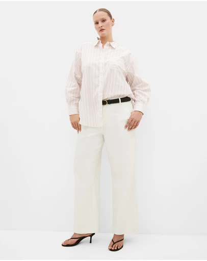 City Chic - Plus size Chiara Oversized Longline Stripe Cotton Shirt - taupe