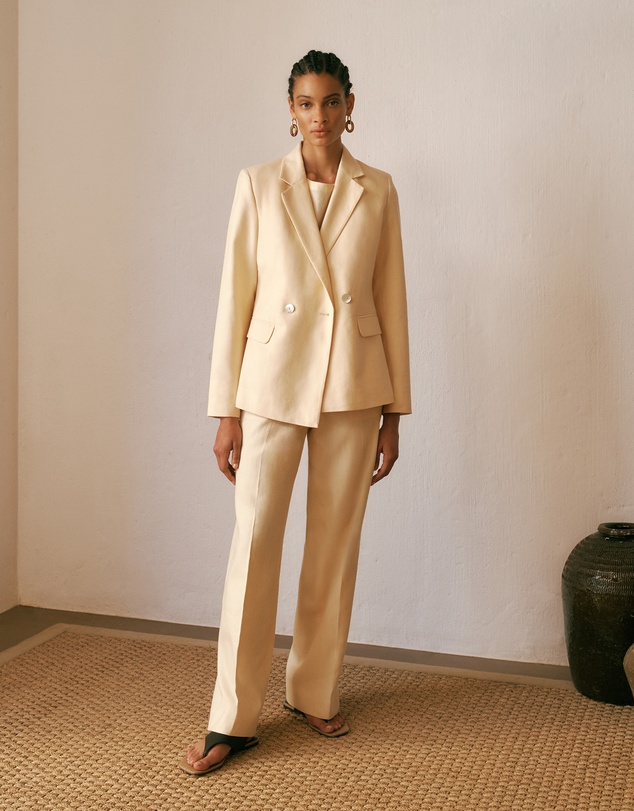 Trenery - Linen Cotton Herringbone Tailored Wide Leg Pant in Butter