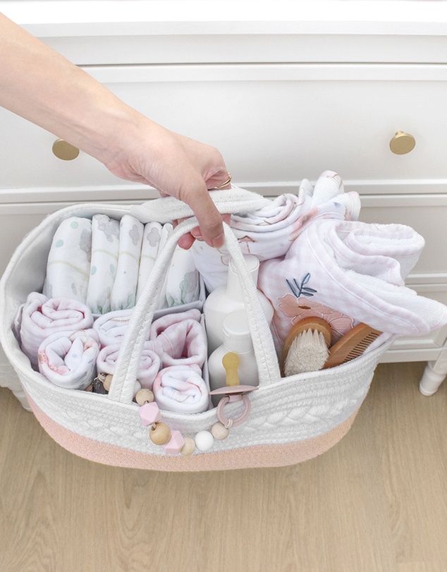 Living Textiles - Cotton Rope Nappy Caddy with Divider - Blush/White