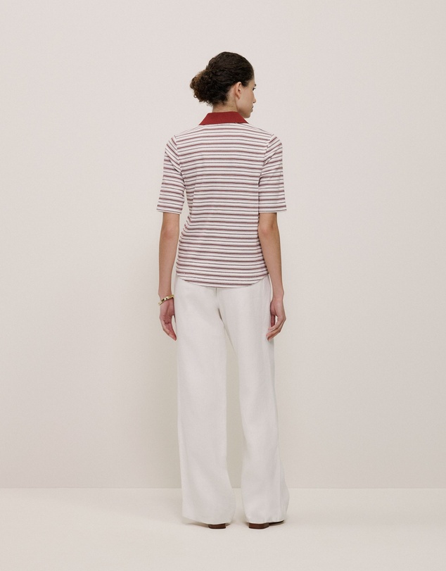 Trenery - Half Placket Stripe Polo in Russet