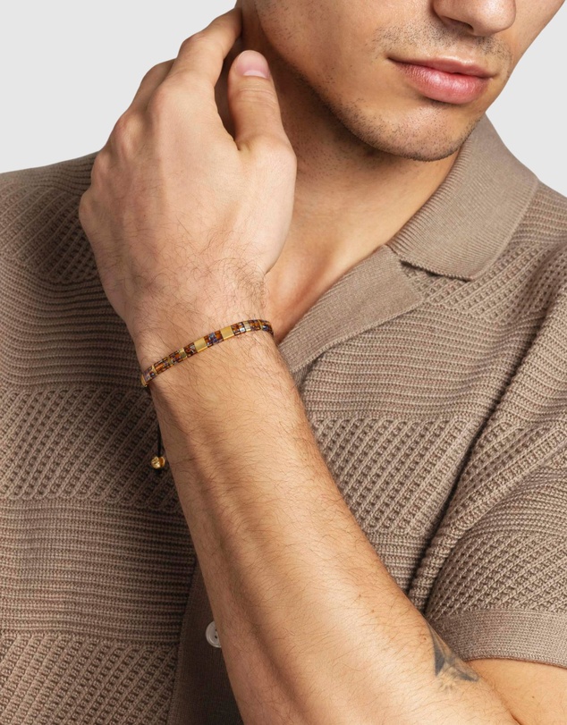 Nialaya Jewellery - Men's Bracelet With Marbled Amber And Gold Miyuki Tila Beads